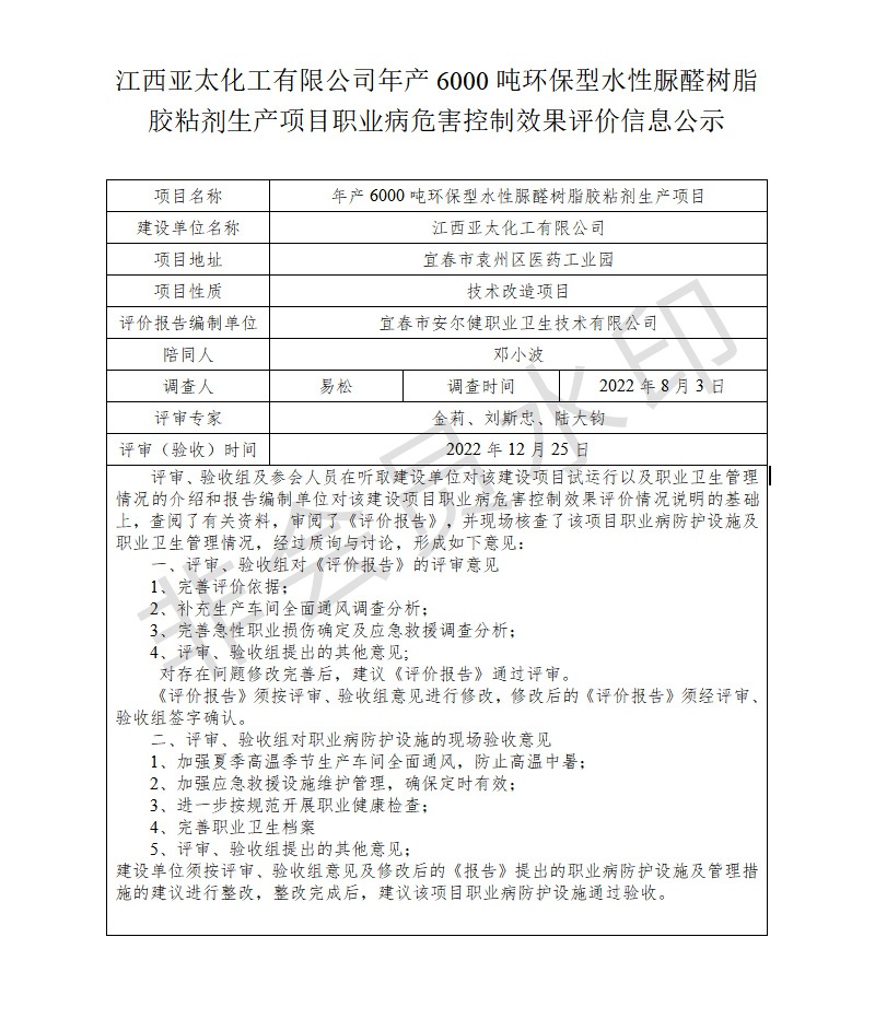 1672043176747044.jpg 江西亞太化工有限公司年產(chǎn)6000噸環(huán)保型水性脲醛樹脂膠粘劑生產(chǎn)項(xiàng)目職業(yè)病危害控制效果評(píng)價(jià)信息公示.jpg