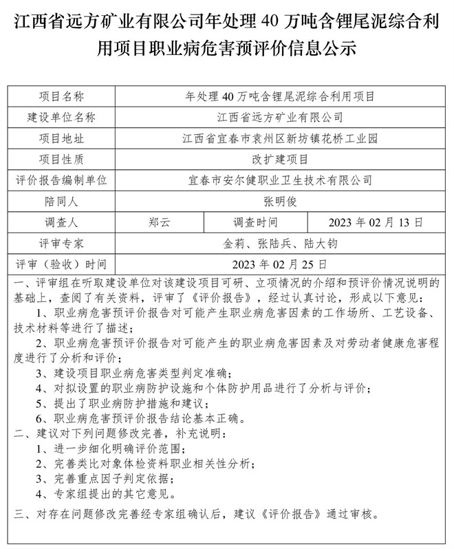 1679975625660491.jpg 江西省遠(yuǎn)方礦業(yè)有限公司年處理40萬(wàn)噸含鋰尾泥綜合利用項(xiàng)目職業(yè)病危害預(yù)評(píng)價(jià)信息公示.jpg
