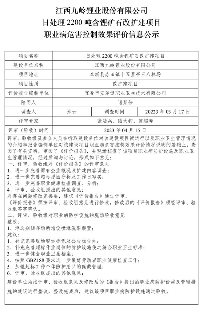 （公示）江西九嶺鋰業(yè)股份有限公司日處理2200噸含鋰礦石改擴(kuò)建項目職業(yè)病危害控制效果評價信息-1.jpg