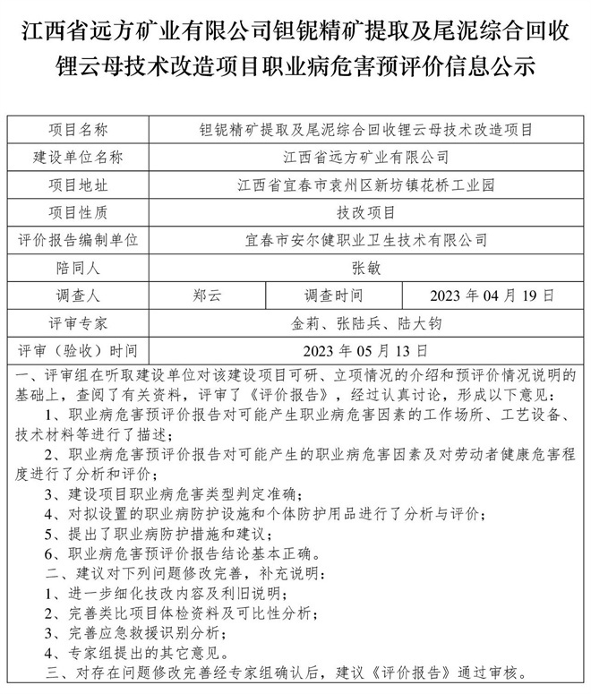 1686203136144042.jpg (預評價信息公示)江西省遠方礦業(yè)有限公司鉭鈮精礦提取及尾泥綜合回收鋰云母技術改造項目職業(yè)病危害.jpg